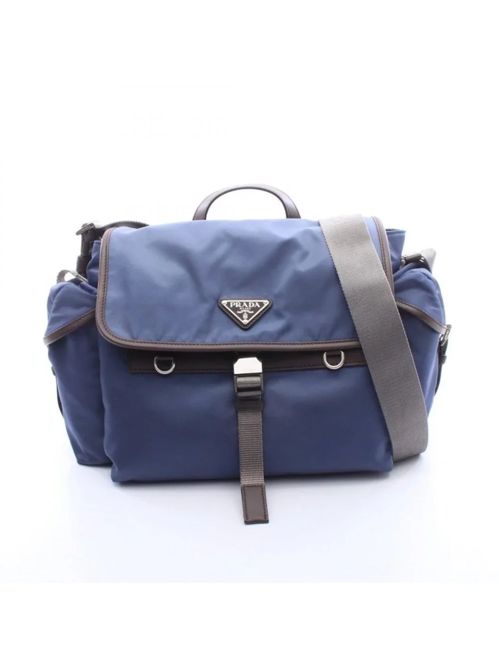 Prada Shoulder Bag Re-Nylon Flap Blue Gray Nylon Leather to Line Guru Logo